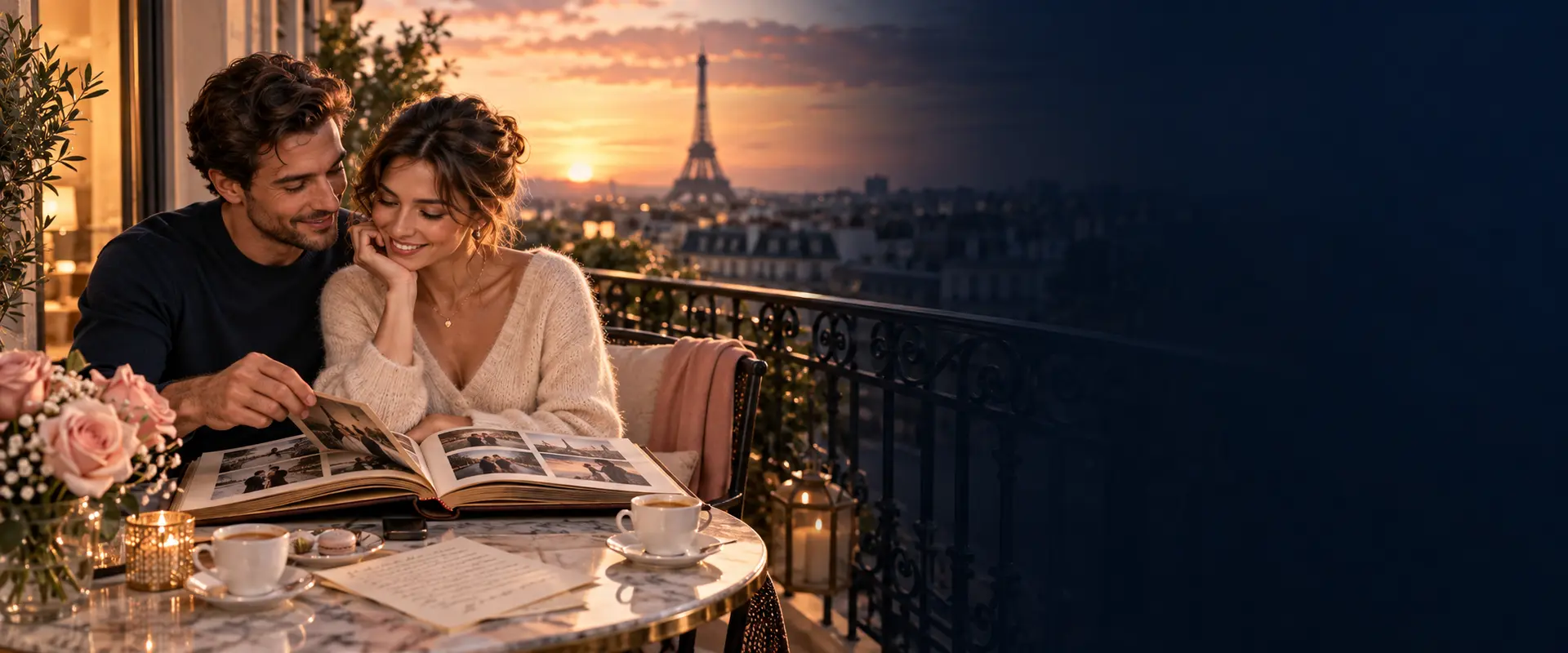 Un couple feuillette son album de souvenirs face à Paris